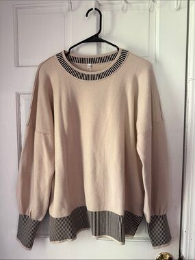 Amazon Cream Crewneck Sweater with Black Striped Trim
